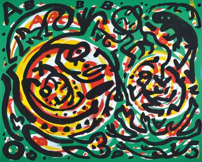 A. R. Penck, 1939-2017, ohne Titel, Farbserigraphie, links unten signiert und nummeriert 34/55, ca. 87x107cm/104x122cm, unter Glas gerahmt