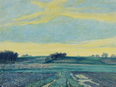 Werner Brand, geb. 1933 Löbau, Sonnenuntergang zwischen Hardt und Kuhardt (so auch rückseitig bezeichnet), signiert, datiert 1998, Passepartout ...