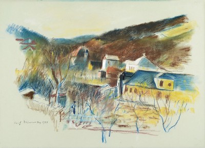 Josef Dobrowsky 1889 - 1964, Aquarell, Gouache und Pastell auf grünlichen Bütten auf Karton montiert, Stadtansicht, handsigniert und dat. 1934, ca. ...