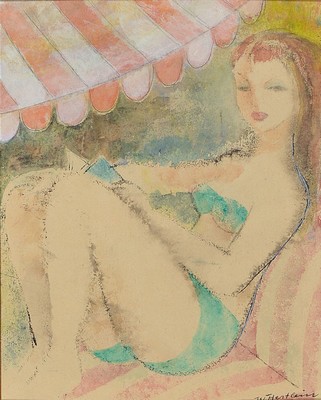 Willi Hertlein, 1908 - 1968, junge Frau beim Sonnenbad, Zeichnung/ Aquarell/Goache auf Papier, handsigniert, um 1930, Passepartout Ausschnitt ca. 22 ...