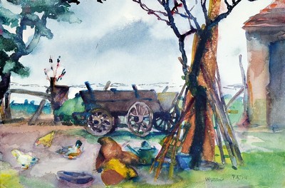 Paul Grundwaldt, 1891 -1962, mahlow, Landschaft mit Heuwagen und Enten, Aquarell, re. u. signiert und dat. (19)14, unter Glas, Rahmen, PP., 23.8 x 33 ...