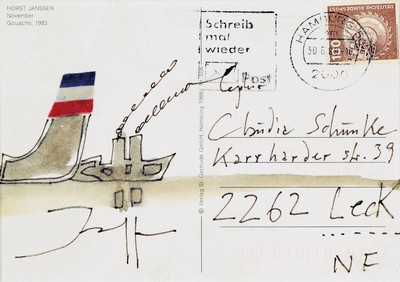 Horst Janssen, 1929-1995, Aquarell auf Postkarte, Dampfer, handsigniert,10 x 15.2 cm, Rahmen ca. 20.5 x 26.2 cm