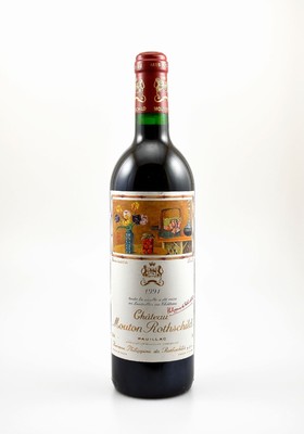 1 Flasche 1991 Chateau Mouton Rothschild, Pauillac, Premier Grand Cru Classe, ca. 75 cl,12,5 % Vol., Füllstand: into neck, sehr guter ...