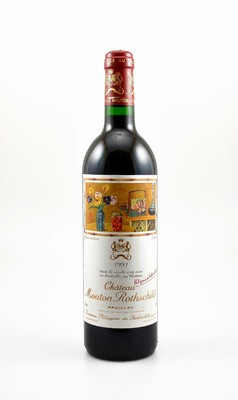 1 Flasche 1991 Chateau Mouton Rothschild, Pauillac, Premier Grand Cru Classe, ca. 75 cl,12,5 % Vol., Füllstand: into neck, Etikett l. besch., ...