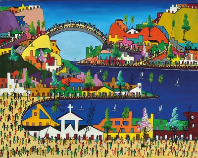 Prefete Duffaut, 1923-2012, einer der bekanntesten Künstler Haitis, hier die karibische Brücke, Acryl/Lwd, rückseitig signiert und dat. 97, ca. ...