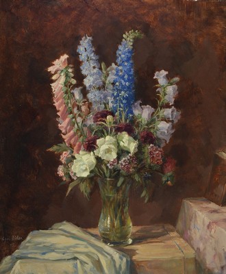 August Böcher, 1873 Biebrich-1961, Studium an der Akademie Berlin, hier: Blumenstillleben, Öl/Platte, sign., dat. 1948,ca. 78x66 cm, Rahmen ca. ...
