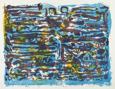 Rudi Baerwind, 1910-1982 Mannheim, Jura, Farbholzschnitt von 1976, betitelt, dat. handsign., num. 2/50, u. Glas, ca. 70x82 cm