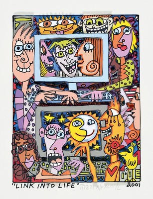 James Rizzi, 1950-2011, "Link into Life", 3D-Konstruktion, handsign., dat. 2001, num. A/P XLIII/L, unter Glas gerahmt, motiv ca. 15,5x12 ...
