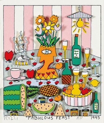 James Rizzi, 1950-2011, "Fabulous Feast", 3D-Konstruktion, handsign., num. A/P, dat. 1995, unter Glas gerahmt, Motiv ca. 14x12 cm, gesamt ...