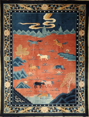 Seltener feiner China Teppich alt(8 Heilige Pferde des Kaisers Mu-Wang),China,antique finished, um 1950/60, Wolle auf Baumwolle, 370 x 276 cm, EHZ:2-3