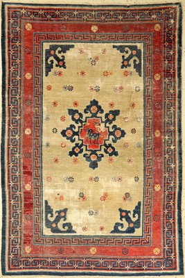 Chinesischer Knüpfteppich, China, 19 Jhd., Wolle auf Baumwolle, ca.193 x 130 cm, EHZ: 5(gemalt/getuschte Berreiche)