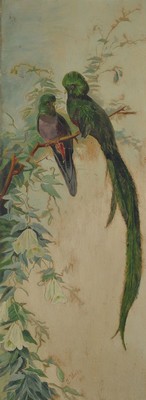 J. Welter, deutscher Maler, um 1900, zwei Vögel auf Blütenzweig, Öl/Malkarton, unten mittig signiert, ca. 100x28cm, R. ca. 110x59cm