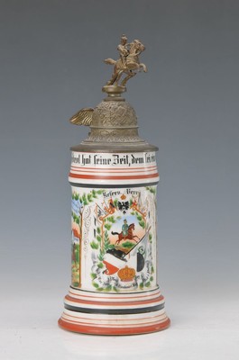Reservistenkrug, 2.Esc.Jäg.Pferd Combiniert Reg. Bäy. z. Pferd i. Posen 1899 - 1902, Porzellan, lithographiert und ausgemalt, Zinndeckel mit ...