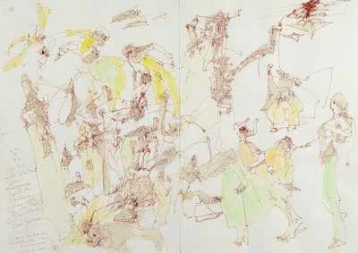 Horst Janssen, Aquarell und Federzeichnung auf zwei collagierten Papieren, handsigniert, aus 1986, Titel "Svanshall verkehrt", das Unikat ...