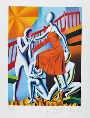 Mark Kostabi, geb. 1960, Farbserigraphie, Support Group, handsigniert und num. 2019, num. 22/50, ca. 47x35cm, PP, u.Gl., R.
