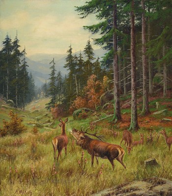 August Mötsch, 1869 Elberfeld-1950 Schlerken, Tier- und Jagdmaler der Düsseldorfer Schule, hier: röhrender Hirsch am Waldrand, Öl/Lwd, links ...