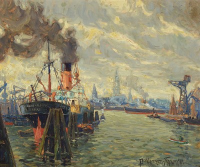 Paul Lehmann-Fahrwasser, 1888-1977, Blick in den Hamburger Hafen, Öl/Malkarton, rechts unten signiert, ca. 60x70cm, R. ca. 7cm