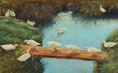 Felix Eulenburg, 1881 Greifswald-1909 Berlin , Studium an den Akademien Düsseldorf und Berlin, hier: Enten am Wasser, Öl/Malkarton, links unten ...