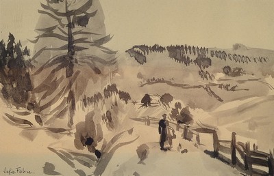 Sofie Fohn, 1899 München-1990 Bozen, Wanderer in den Bergen, monochromes Aquarell, links unten handsigniert, rückseitig mit handschriftlicher ...