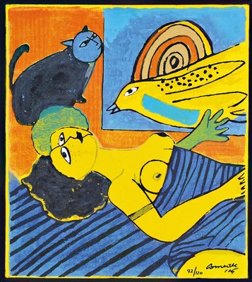 Corneille, 1922-2010, Terragavure, Liegende mit Katze und Vogel, signiert und dat. 05, num. 92/120, ca. 36x32cm/38x34cm, R.