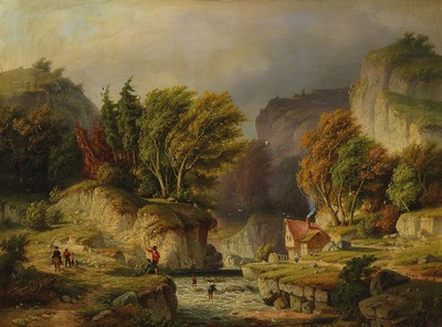 Unbekannter Romantiker, 2. Hälfte 19. Jh., romantische Gebirgslandschaft am Bach, mit Fachwerkhaus und mehreren Personen, Öl/Lwd, re. unten ...