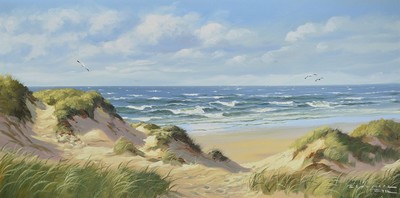 Curt Störmer, 1891 - 1976, Sylt, Dünenlandschaft mit Blick auf das Meer, Öl/Lwd, signiert, bezeichnet, 50 x 100 cm, Rahmen, ca. 60 x 110 cm