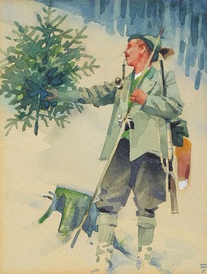 Ludwig Hohlwein, 1874 Wiesbaden-1949 Berchtesgaden, Jäger im Winterwald, Aquarell, rückseitig auf altem Etikett des Kunstsalon Abels Köln ...