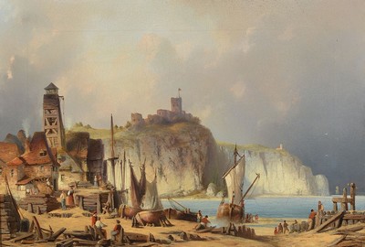 Carl Wülfing, 1812 Monzingen-1871 Andernach, war in Köln-Deutz tätig, holländische Hafenansicht, im Hintergrund Burgruine, detailreiche ...