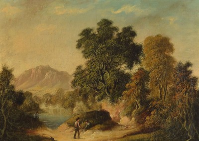 James Hall Nasmyth, 1808-1890, 2 Gegenstücke: Landschaften mit Personen, Öl/Lwd, rückseitig signiert, je ca. 23x32cm, R. ca. 39x48cm
