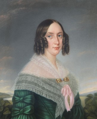Unbekannter Künstler des Biedermeier, um 1840, Porträt einer Frau im grünen Kleid mit weißem Spitzenkragen vor Landschaft, Pastell auf Papier, ...