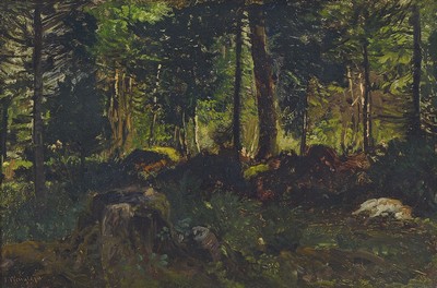Josef Wenglein, 1845 München-1919 Bad Tölz, Kleine Waldstudie, Öl/Malkarton, links unten signiert, ca. 28x42 cm, u.Gl., R. ca. 46x60cm, R. leicht ...