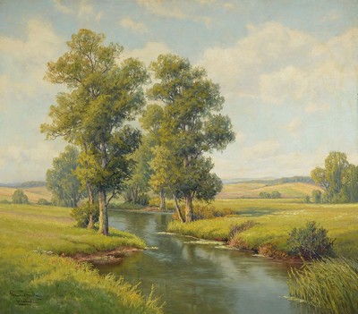 Clemens Freitag, 1883-1969, Wiesenlandschaft mit Baum bestandenem Bachlauf, Öl/Lwd, links unten signiert und bez. München, ca. 70x80cm/88x98cm, R.