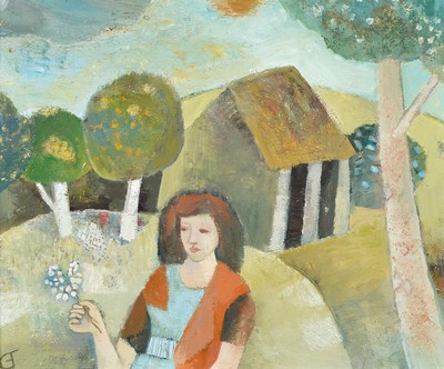 Gwaneth Johnstone, junge Frau in hügeliger Landschaft, Öl/Lwd, monogrammiert GJ, ca. 38 x 45 cm, Rahmen