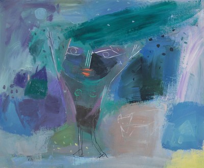 Yoshi Takahashi, 1943-1998, Hilfe, der Wind, Öl/Lwd., signiert und verso bezeichnet, num. 35, 70 x 85 cm, Rahmen