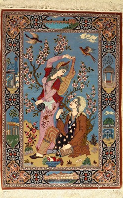 Feiner Esfahan Bildteppich, Persien, ca. 40Jahre, Korkwolle mit und auf Seide, ca. 122 x 85 cm, EHZ: 2