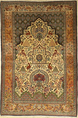 Feiner Ghom Kork alt, Persien, ca. 50 Jahre, Korkwolle mit Seide, ca. 214 x 144 cm, EHZ: 2