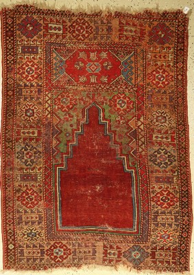 Mudjur "Gebetsteppich" antik, Anatolien, 19.Jhd., Wolle auf Wolle, ca. 160 x 116 cm, aubergine-Töne, EHZ: 4-5