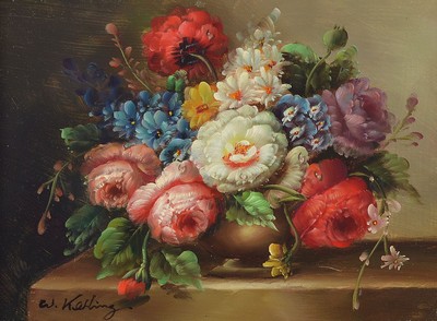 W. Kerling, zeitgenössischer Traditionalist, 2 Blumenstillleben im Stil der alten Meister, Öl/Holz, beide signiert, ca. 18x24cm/28x34cm; ...