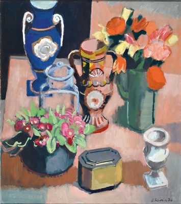 Heinz Friedrich, 1924-2018 Schwetzingen, Stillleben mit Blumen und Vasen, Öl/Lwd, rechts unten signiert und dat. 76 ca. 90x80cm/95x85cm, R.