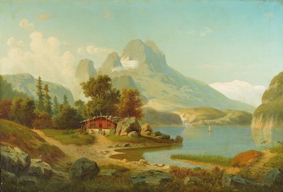 Eduard Hein, 1854-1918, Bauernhaus am Ufer eines Gebirgsees, Öl/Lwd rechts unten sign. E. Hein D., ca. 65x95cm, ca. 8cm breiter Stuckrahmen, ...