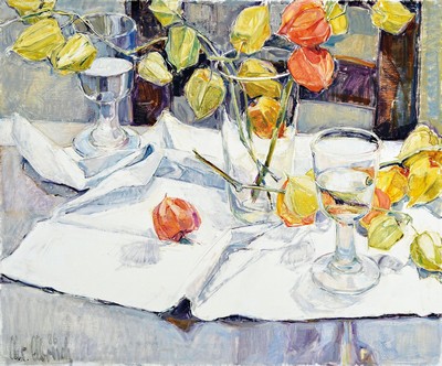 Christel Abresch, 1931 Sulzbach-2011 Neustadt a.d. Weinstraße, Stillleben mit Gläsern und Lampionblumen, Öl/Lwd, links unten signiert und dat. 86, ...