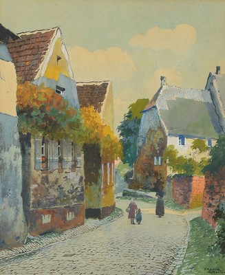 Franz Schmidt, 1884-1951, Blick auf eine Straße in der Pfalz, Aquarell auf Papier, rechts unten signiert, ca. 26x22cm, PP, u.Gl., R. ca. 52x41cm