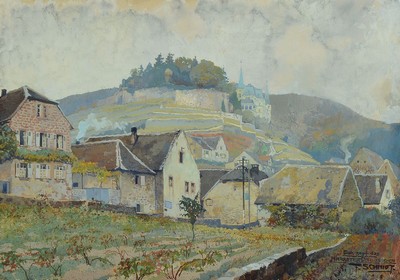 Franz Schmidt, 1884-1951, Blick gegen das Haardter Schlößchen, rechts unten so betitelt und signiert, ca. 29x41cm, PP, u.Gl., R. ca. 46x58cm