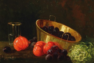 P. Gehrin, datiert 1906, Stillleben mit Pflaumen im Messinggefäß, Tomaten, Salat und Wasserglas, Öl/Malkarton, links unten sign. und dat., ca. ...