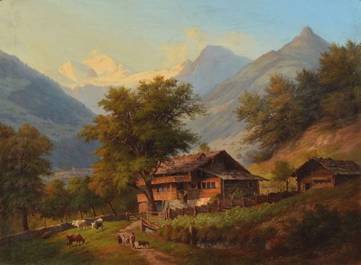 Ludwig Burckhardt, 1807-1878, Landschaft im Gebirge mit Bauernhof, Personen und Vieh, Öl/Lwd, rechts unten signiert und dat. 1872, ca. 50x70cm, R. ...