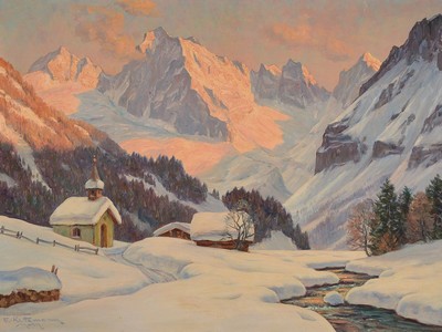 Erwin Kettemann, 1897 München-1971 Tegernsee, Winterlandschaft in den Bergen im Abendrot, Öl/Lwd, links unten signiert, ca. 60x80cm, R. ca. 75x95cm