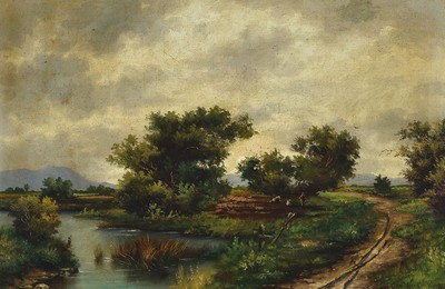 Clemens Werner, Münchener Landschaftsmaler des 19./20. Jh., Landschaft bei Dachau mit erntenden Bauern, Öl/Malkarton, rechts unten signiert, ca. ...