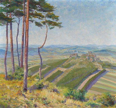 Willy Deutschmann, 1880 Oberflörsheim-1960 Petersbächel, Blick auf Burg Drachenfels in der Pfalz, Öl/Lwd, links unten signiert, ca. ...