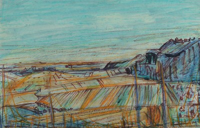 Otto Ditscher, 1903 Neuhofen - 1987, Landschaft, Mischtechnik aus Kreide und Buntstift, re. u. signiert, ca. 36.5 x 56 cm, unter Glas, Rahmen ca. 61 ...