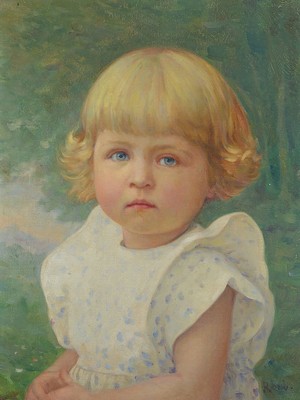 Raab, Mitte 20. Jh., Mädchen im weißem Kleid, Öl/Lwd., re. u. signiert Raab, verso mit Karlsruher Galeriestempelung, 40 x 30 cm, Rahmen leicht ...